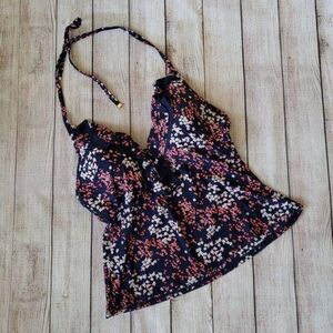 NWT Michael Kors Deep V-neck Floral Print Ruffle Halter Tankini Top